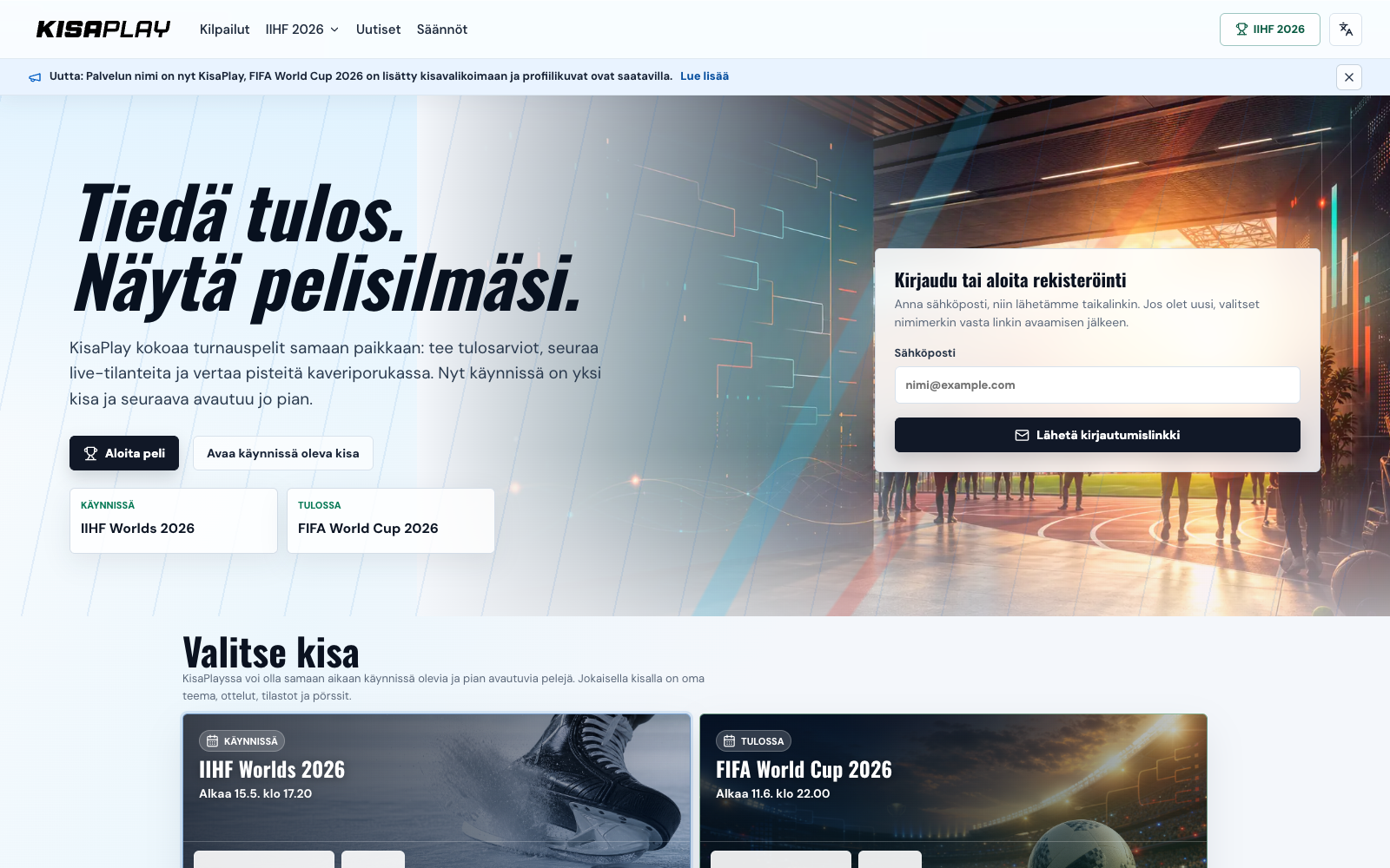 Screenshot of KisaPlay showing the Finnish homepage with tournament prediction messaging, login and competition selection.