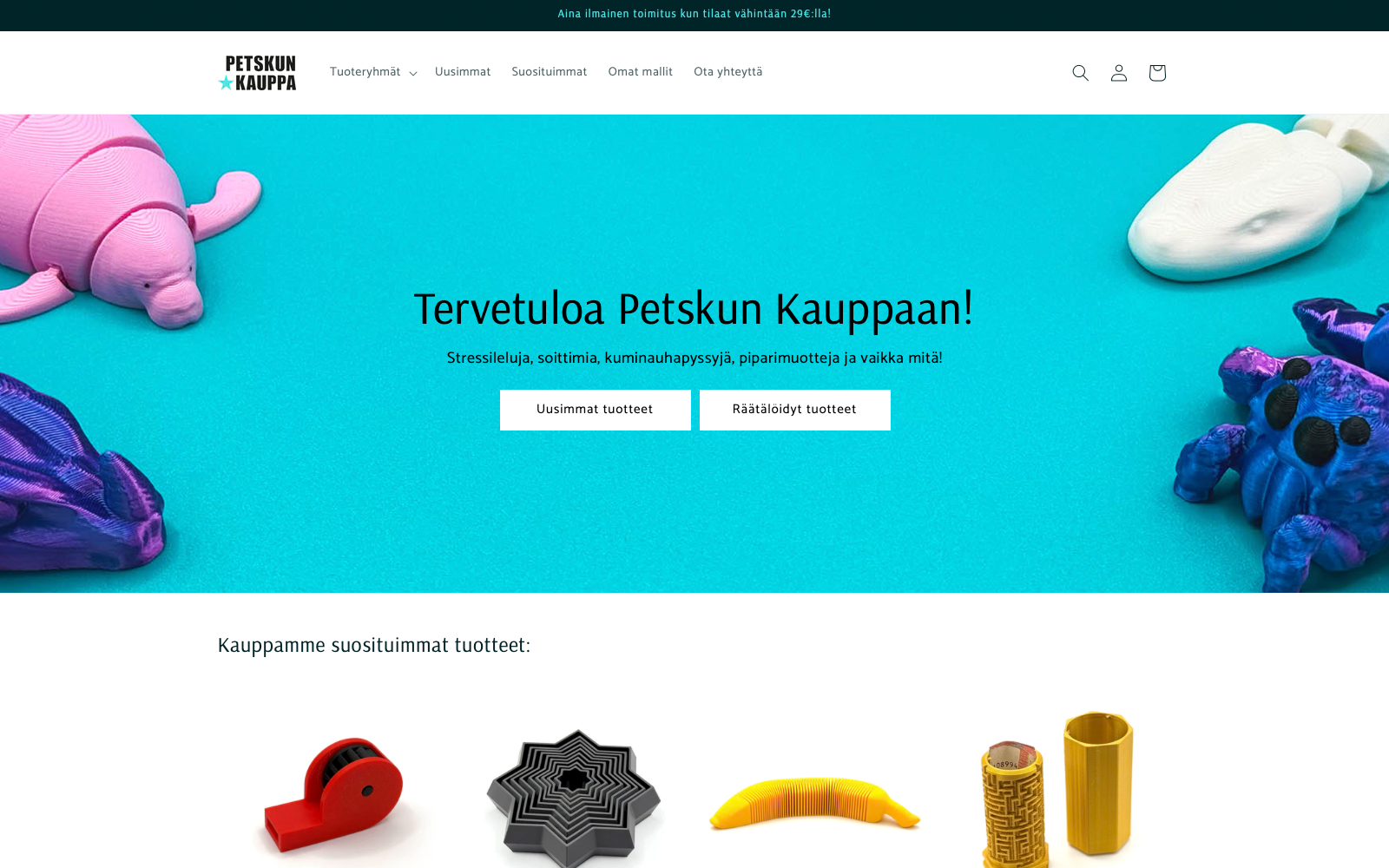 Screenshot of the Petskun Kauppa storefront with 3D-printed products and featured items.