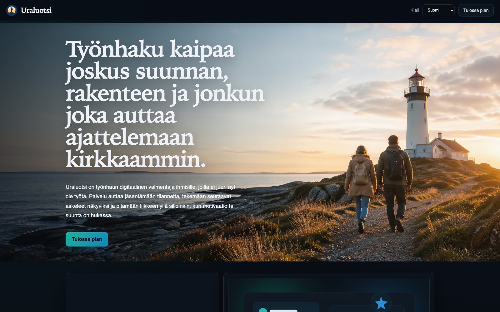 Screenshot of Uraluotsi showing a Finnish digital job-search coaching page with a lighthouse hero and coming-soon status.